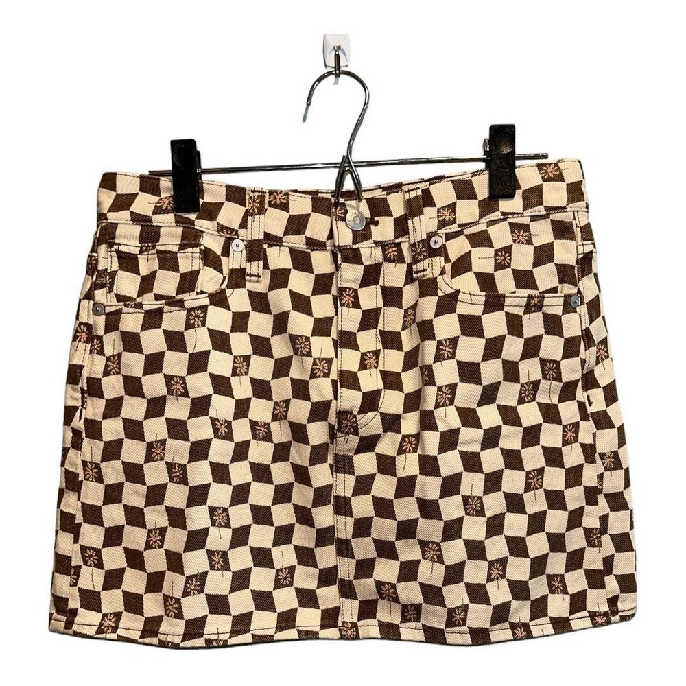 Madewell skirt w/daisies in‎ a brown and cream check print, size 26, NWT - Picture 2 of 5